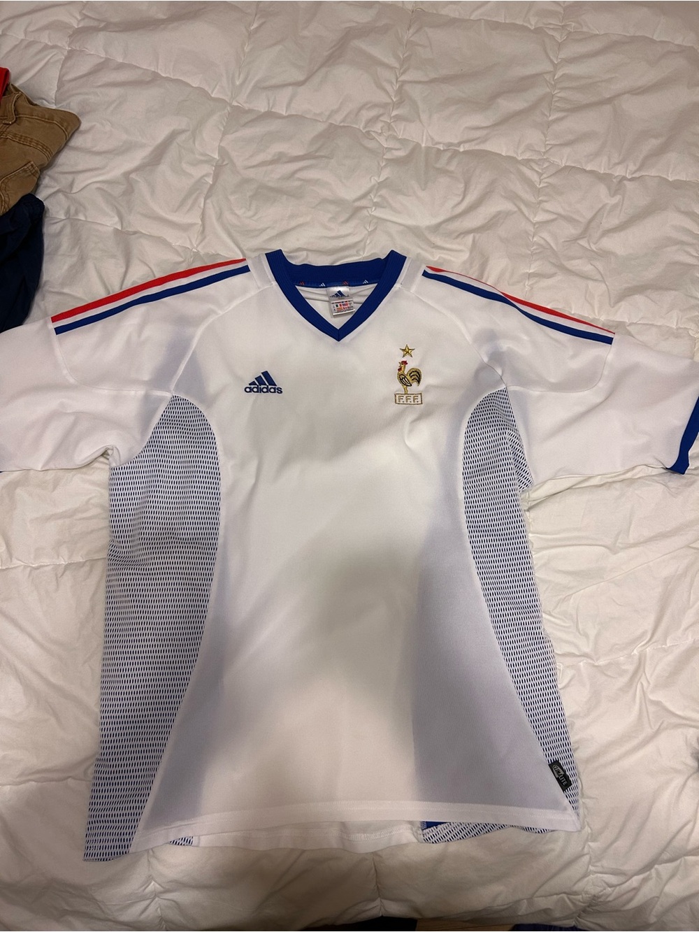 adidas White France National Team Soccer Jersey with Blue and Red Trim
